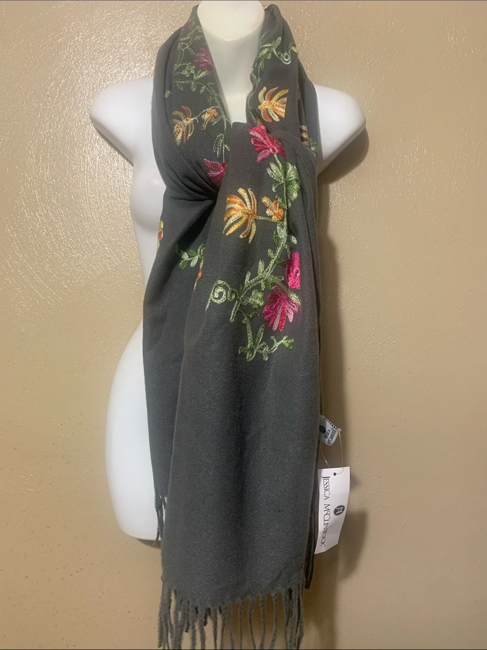 Gray Pink Floral Embroidery Scarf NWT